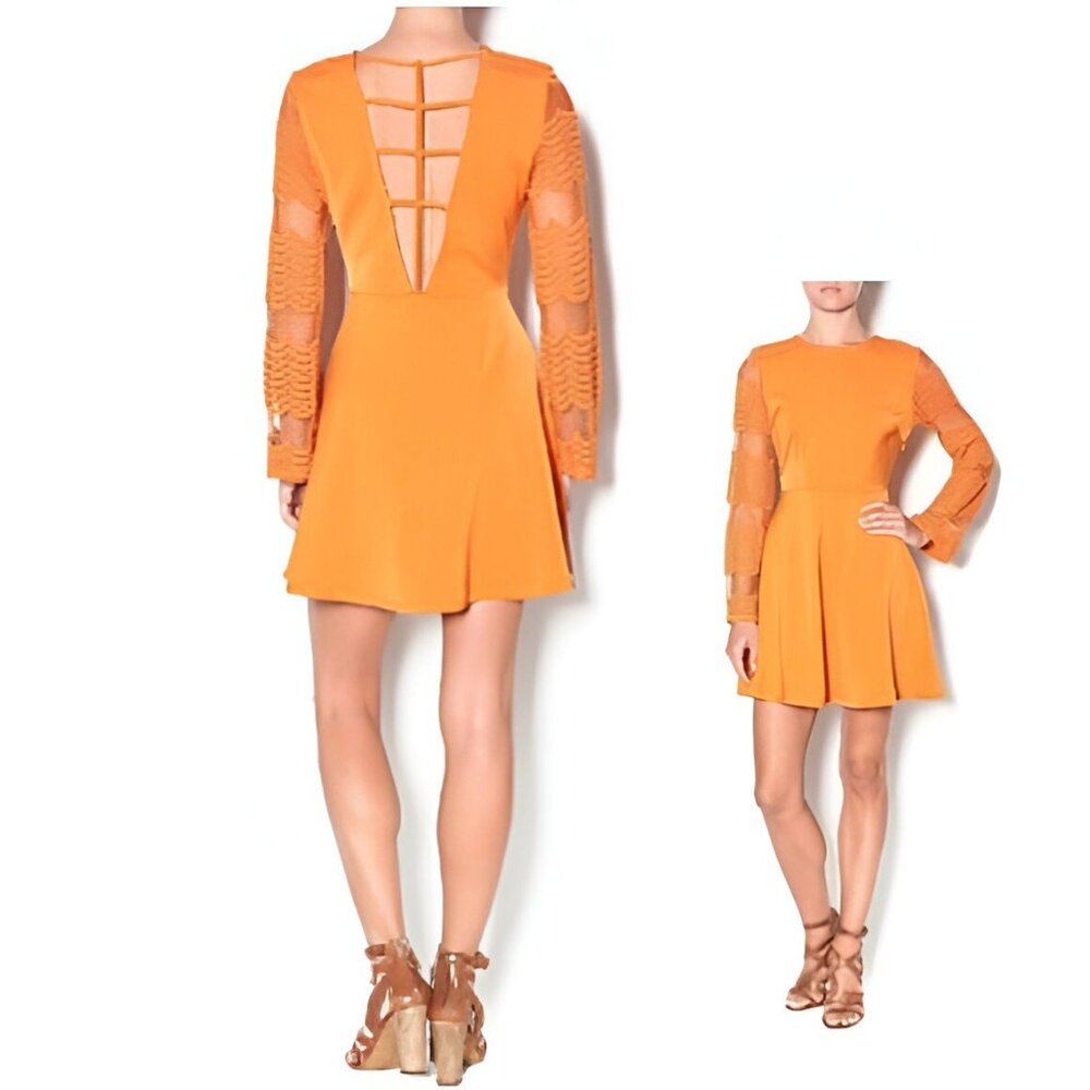 NWT Sunset Yellow-Orange Lace Laser Cut Swing Fit & Flare Skater Mini Dress M